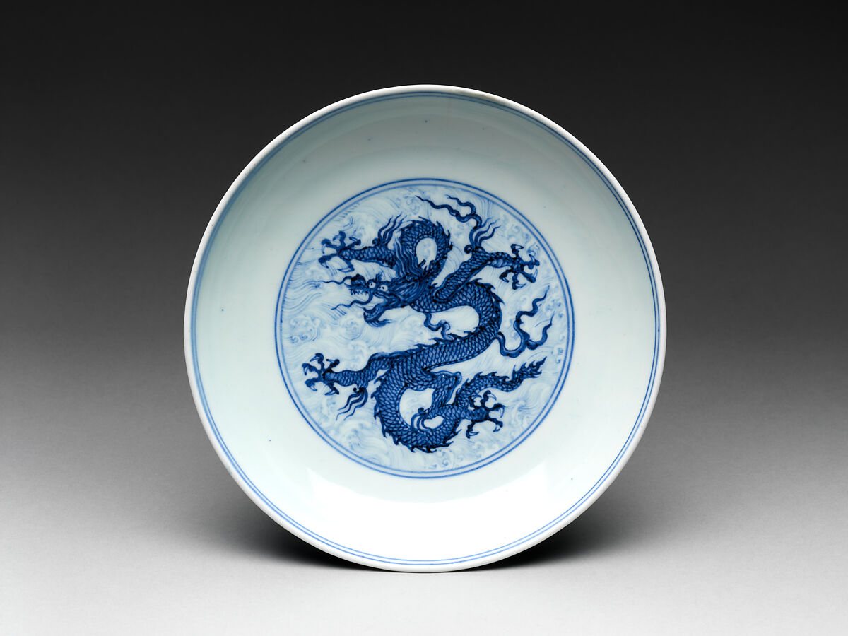 Dish with dragon amid waves, Porcelain painted with cobalt blue under transparent glaze (Jingdezhen ware), China 