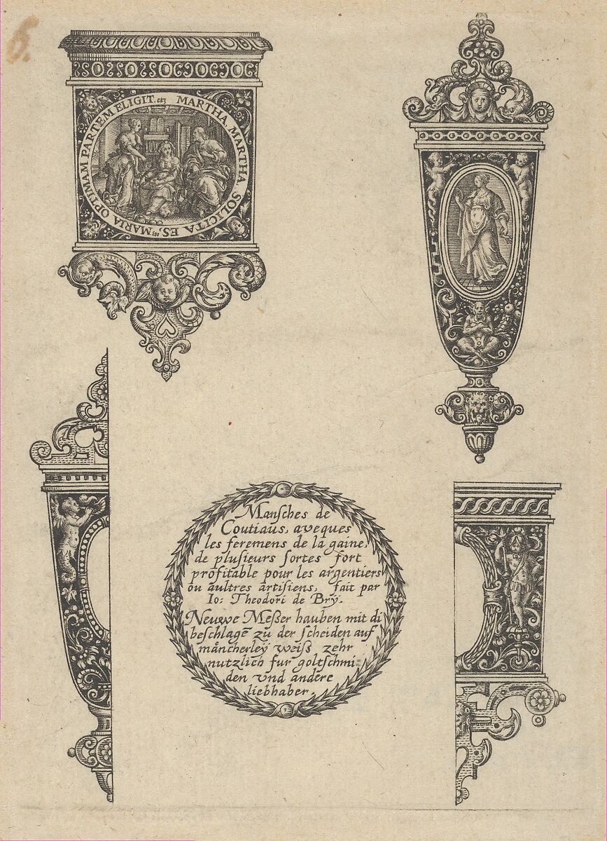 Design for Four Knife Handles with Title, Johann Theodor de Bry (Netherlandish, Strasbourg 1561–1623 Bad Schwalbach), Engraving and blackwork 