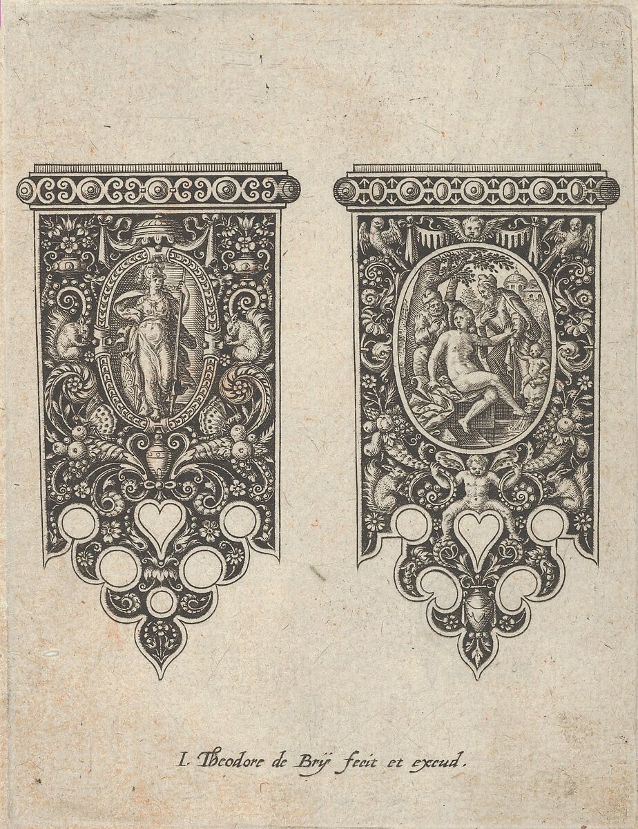 Design for Knife Handles with an Armed Woman and Susanna and the Elders, from Mansches de Coutiaus, Johann Theodor de Bry (Netherlandish, Strasbourg 1561–1623 Bad Schwalbach), Engraving and blackwork 