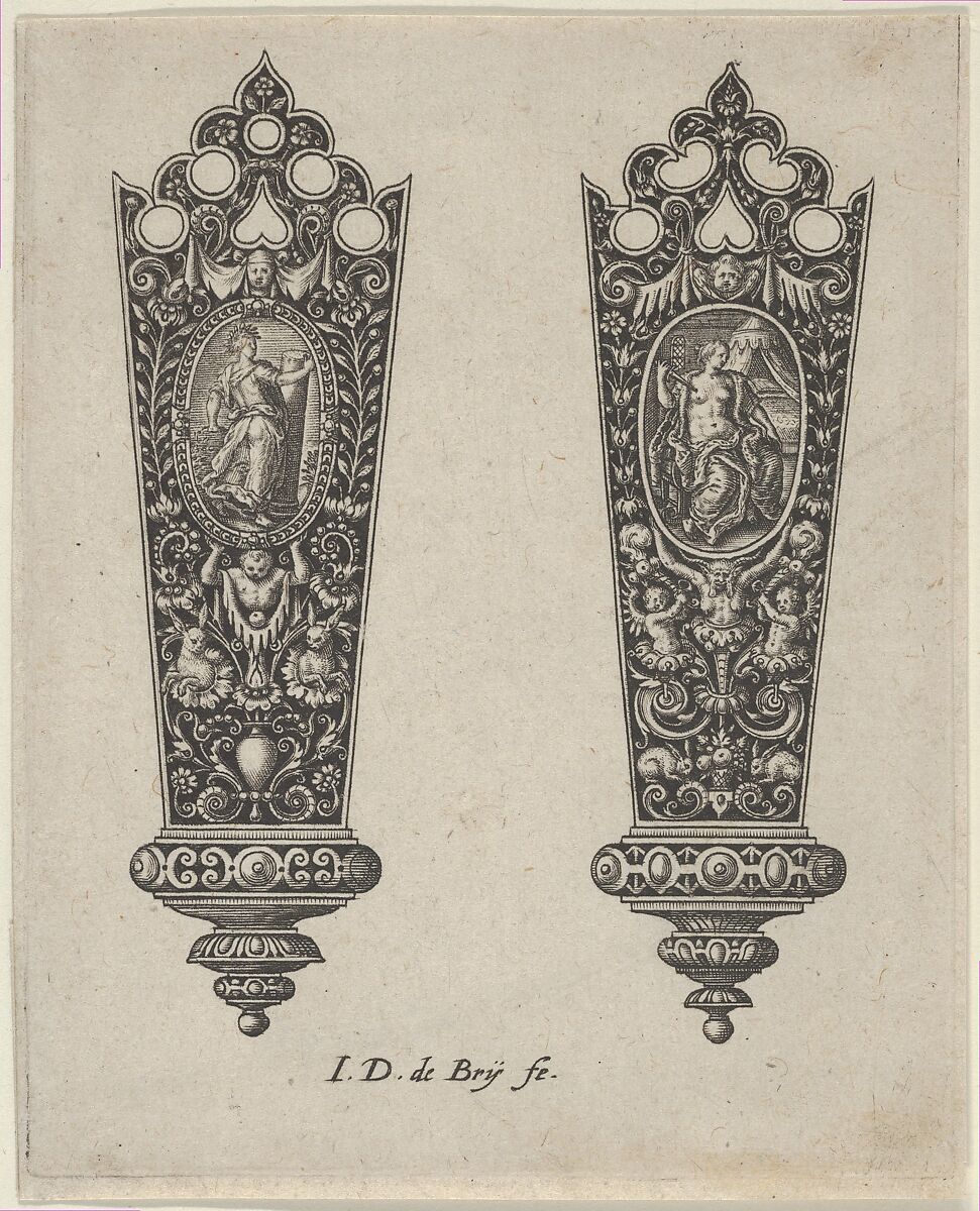 Design for Knife Handles with Ovals Containing Fortitude and the Death of Lucretia, Johann Theodor de Bry (Netherlandish, Strasbourg 1561–1623 Bad Schwalbach), Engraving and blackwork 