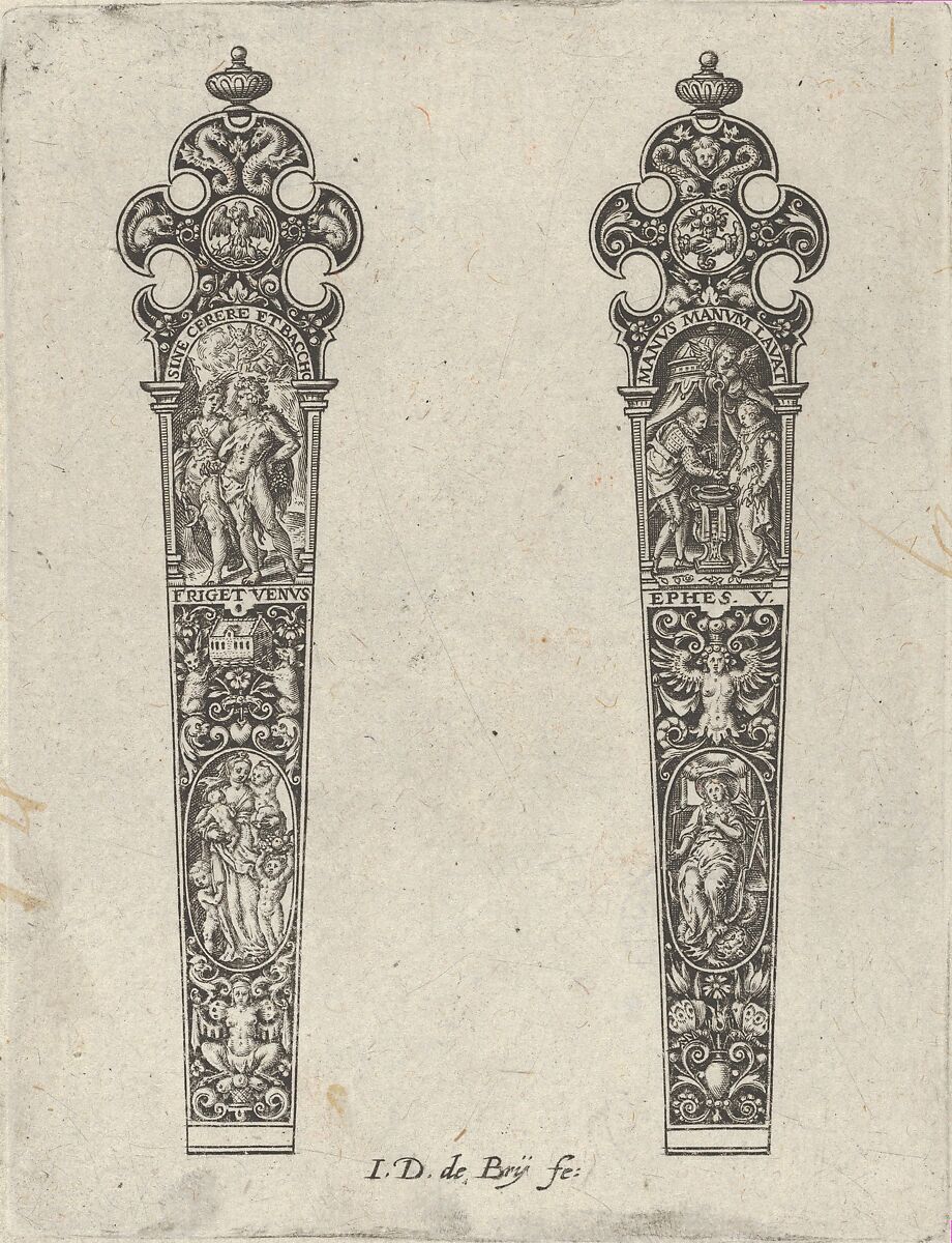 Design for Knife Handles with 'Sine Cerere et Baccho Friget Venus' and a Couple Shaking Hands, Johann Theodor de Bry (Netherlandish, Strasbourg 1561–1623 Bad Schwalbach), Engraving and blackwork 