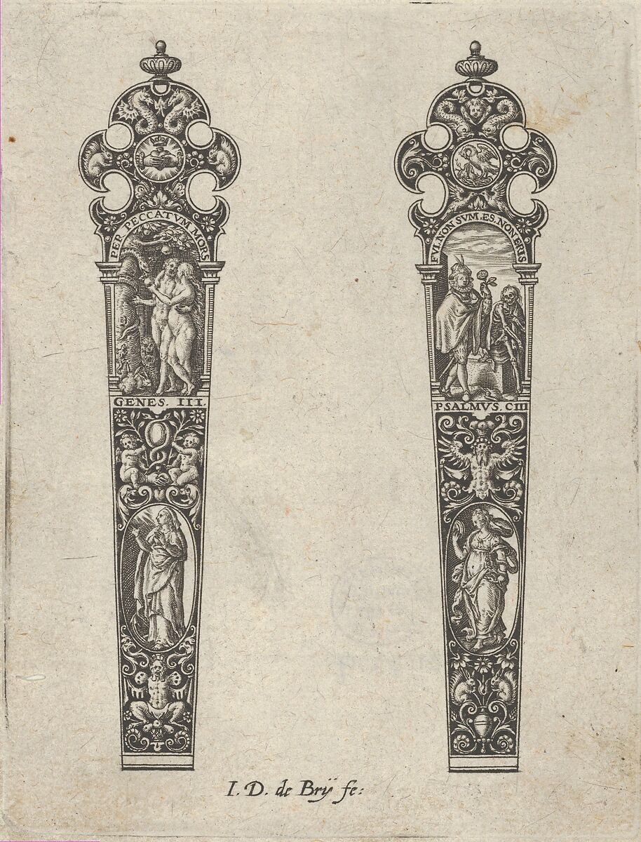Design for Knife Handles with the Temptation of Adam and Eve and a Memento Mori Scene, Johann Theodor de Bry (Netherlandish, Strasbourg 1561–1623 Bad Schwalbach), Engraving and blackwork 