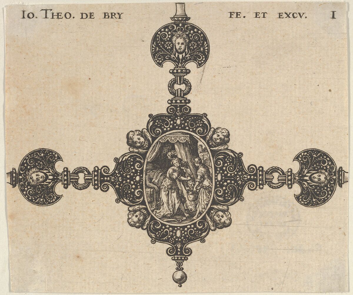 Design for a Brooch with Judith Holding the Head of Holofernes, Johann Theodor de Bry (Netherlandish, Strasbourg 1561–1623 Bad Schwalbach), Engraving and blackwork 