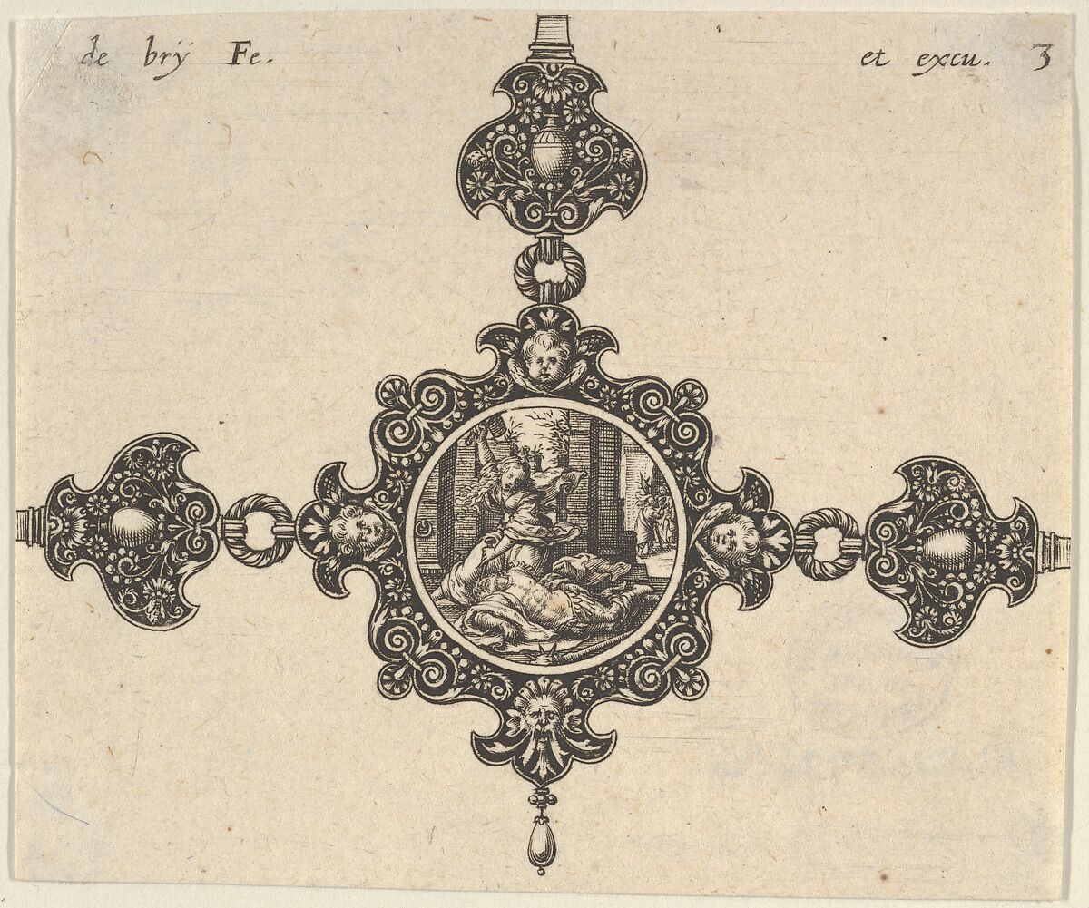 Design for a Brooch with Jael Killing Sisera, Johann Theodor de Bry (Netherlandish, Strasbourg 1561–1623 Bad Schwalbach), Engraving and blackwork 