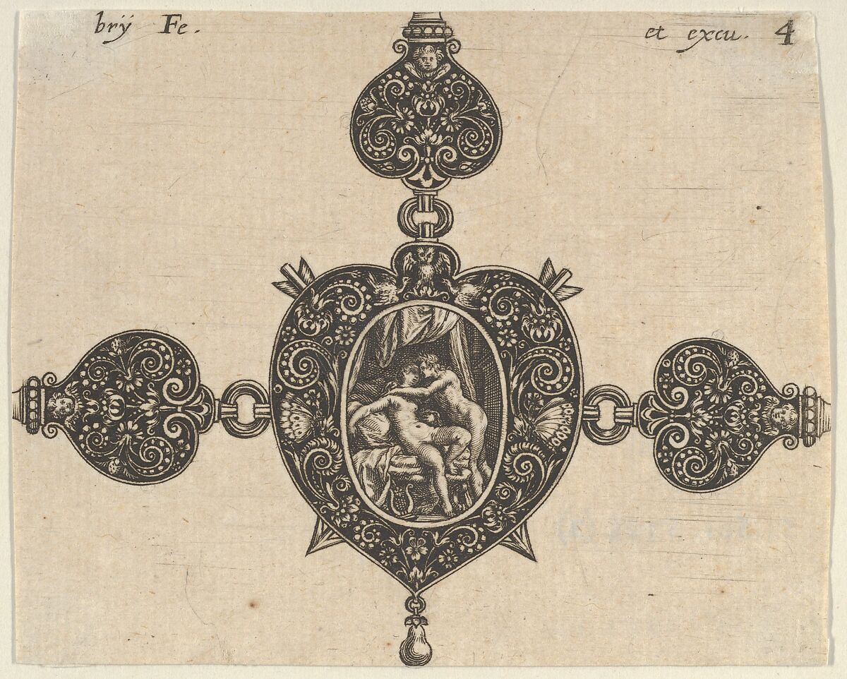 Design for a Heart-Shaped Brooch, Johann Theodor de Bry (Netherlandish, Strasbourg 1561–1623 Bad Schwalbach), Engraving and blackwork 