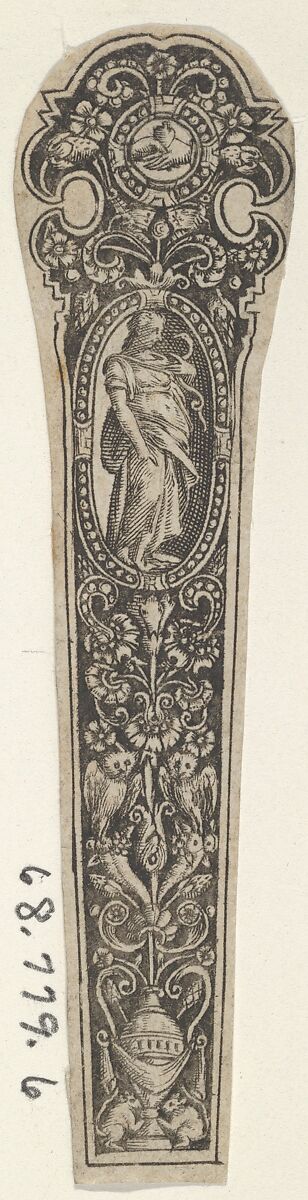 Design for a Knife Handle with the Personification of Prudence, attributed to Johann Theodor de Bry (Netherlandish, Strasbourg 1561–1623 Bad Schwalbach), Engraving and blackwork 