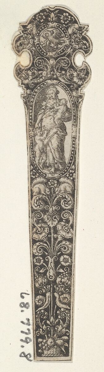 Design for a Knife Handle with the Personification of Charity, attributed to Johann Theodor de Bry (Netherlandish, Strasbourg 1561–1623 Bad Schwalbach), Engraving and blackwork 