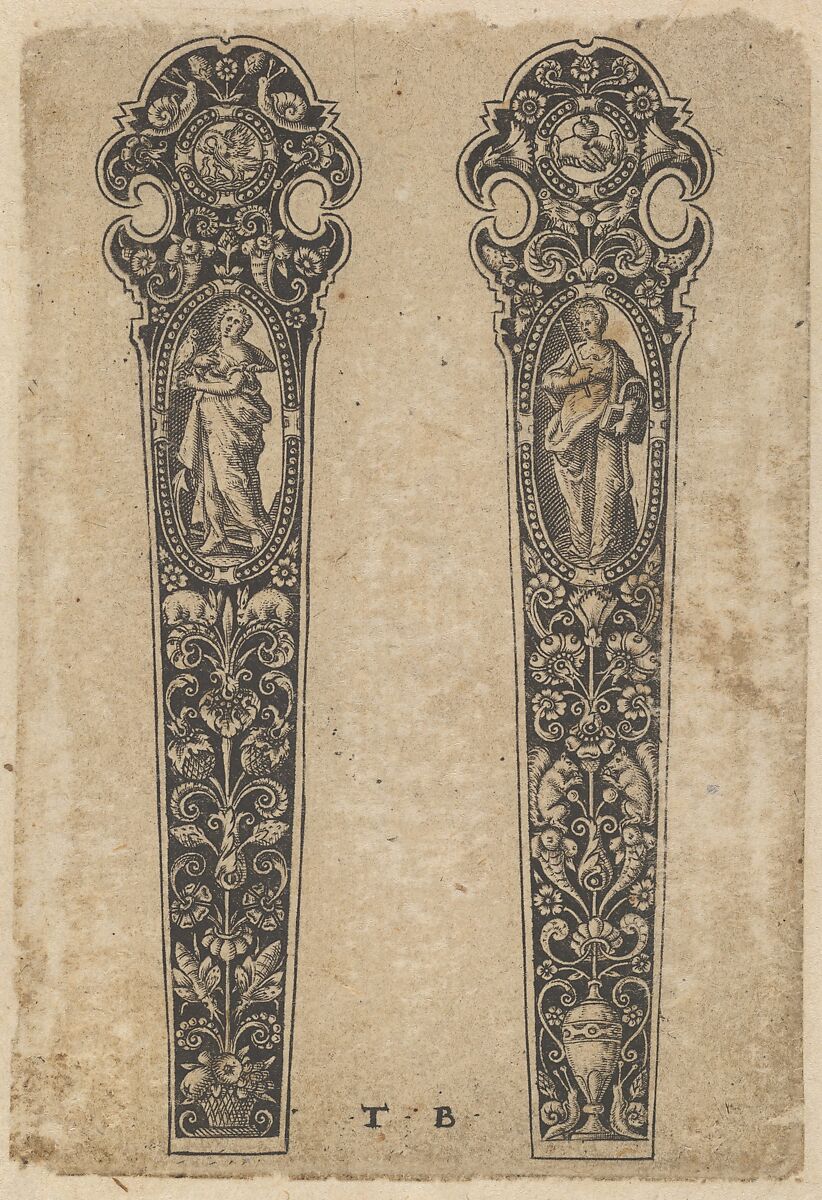 Design for Knife Handles with Personifications of Peace and Faith, attributed to Johann Theodor de Bry (Netherlandish, Strasbourg 1561–1623 Bad Schwalbach), Engraving and blackwork 