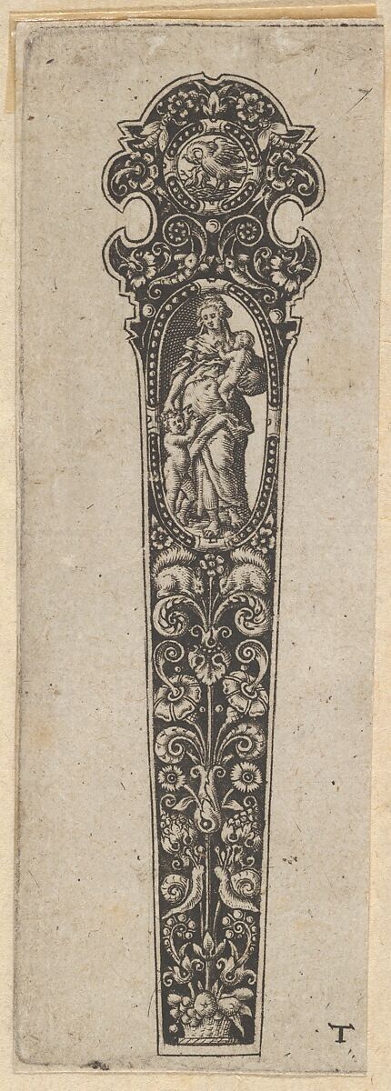 Design for a Knife Handle with the Personification of Charity, attributed to Johann Theodor de Bry (Netherlandish, Strasbourg 1561–1623 Bad Schwalbach), Engraving and blackwork 