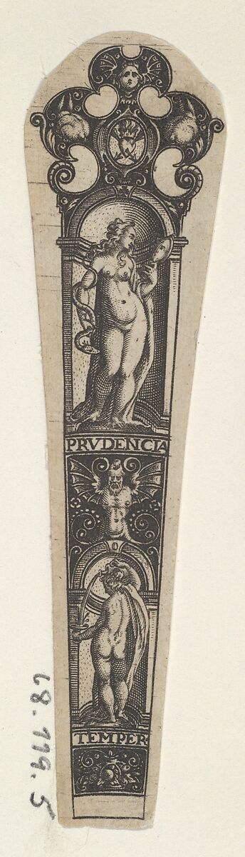 Design for a Knife Handle with Personifications of Prudence and Temperance, attributed to Johann Theodor de Bry (Netherlandish, Strasbourg 1561–1623 Bad Schwalbach), Engraving and blackwork 