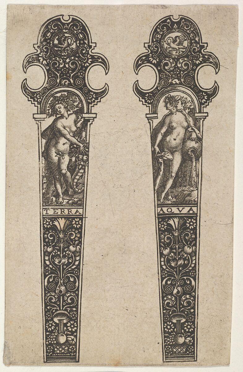 Design for Knife Handles with Terra and Aqua, attributed to Johann Theodor de Bry (Netherlandish, Strasbourg 1561–1623 Bad Schwalbach), Engraving and blackwork 