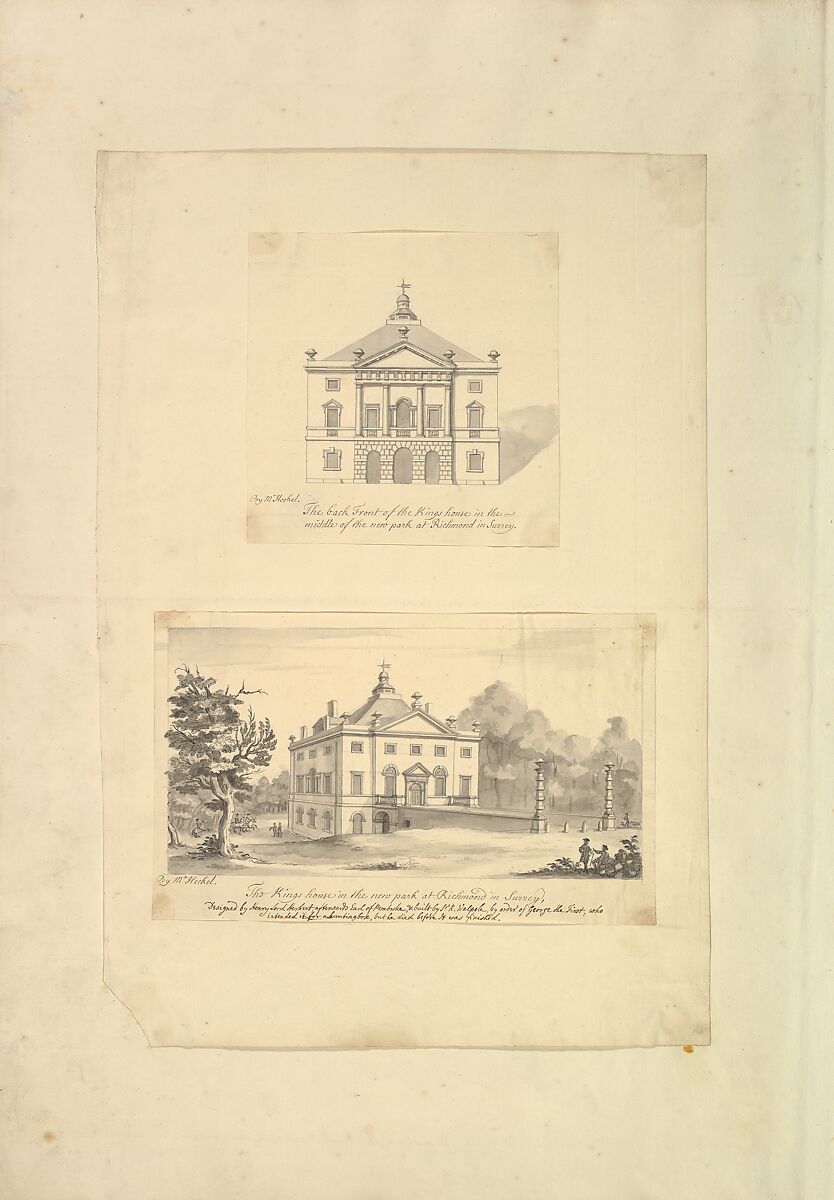 Leaf from Aedes Walpolinae mounted with (a): Elevation of Back Facade of the Kings House, Richmond, Surrey and (b): Perspective View of the Entrance Front of the Kings House, Richmond, Surrey, Augustus Heckel (German (active Britain), Augsburg 1690–1770 Richmond), (a and b): pen and black ink, brush and gray wash 