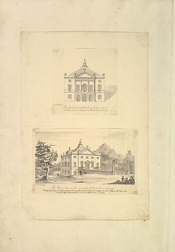 Leaf from Aedes Walpolinae mounted with (a): Elevation of Back Façade of the Kings House, Richmond, Surrey and (b): Perspective View of the Entrance Front of the Kings House, Richmond, Surrey