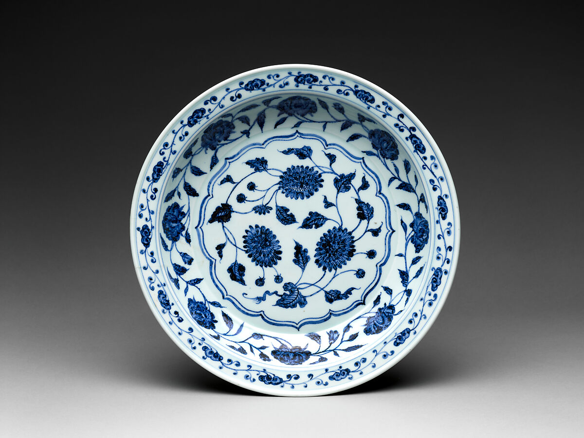 Plate with chrysanthemums and peonies, Porcelain painted with cobalt blue under a transparent glaze (Jingdezhen ware), China 