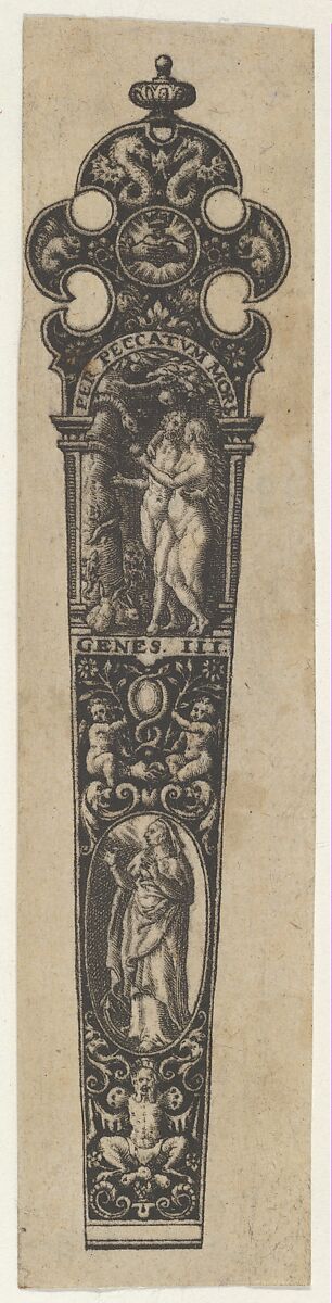 Design for a Knife Handle with the Temptation of Adam and Eve, Johann Theodor de Bry (Netherlandish, Strasbourg 1561–1623 Bad Schwalbach), Engraving and blackwork 