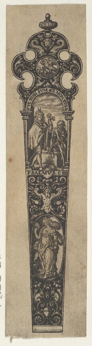 Design for a Knife Handle with a Memento Mori, Johann Theodor de Bry (Netherlandish, Strasbourg 1561–1623 Bad Schwalbach), Engraving and blackwork 