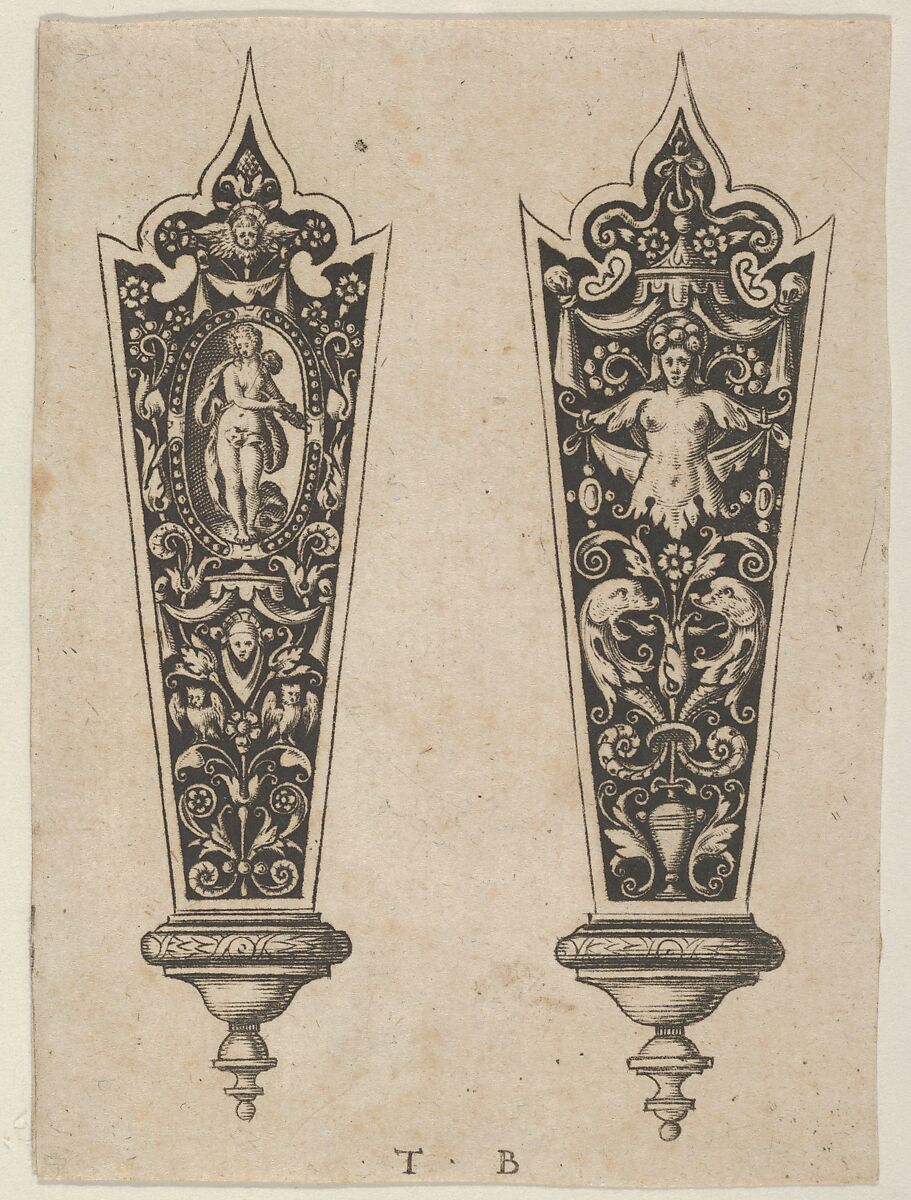 Design for Knife Handles with the Death of Lucretia and Grotesques, Theodor de Bry (Netherlandish, Liège 1528–1598 Frankfurt), Engraving and blackwork 