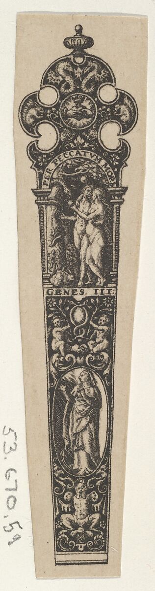 Design for a Knife Handle with the Temptation of Adam and Eve, Johann Theodor de Bry (Netherlandish, Strasbourg 1561–1623 Bad Schwalbach), Engraving and blackwork 