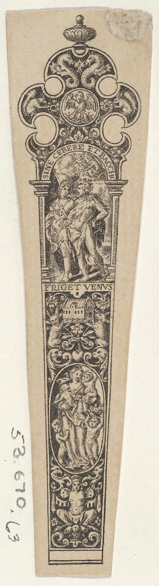 Design for a Knife Handle with 'Sine Cerere et Baccho Friget Venus', Johann Theodor de Bry (Netherlandish, Strasbourg 1561–1623 Bad Schwalbach), Engraving and blackwork 