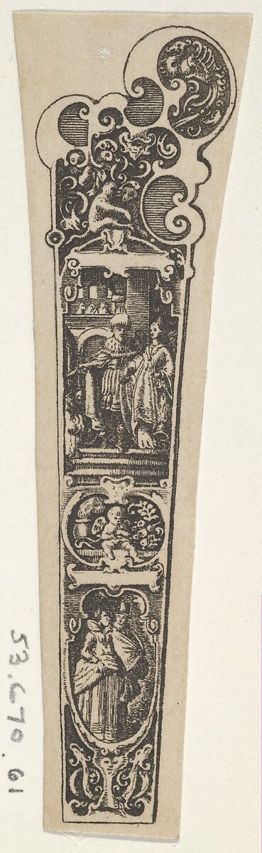 Design for a Knife Handle with Well-Dressed Couples, attributed to Johann Theodor de Bry (Netherlandish, Strasbourg 1561–1623 Bad Schwalbach), Engraving and blackwork 