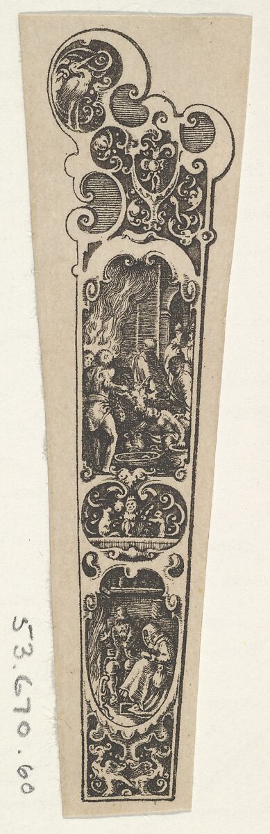 Design for a Knife Handle with a Couple Gathered Around a Fire at Bottom, attributed to Johann Theodor de Bry (Netherlandish, Strasbourg 1561–1623 Bad Schwalbach), Engraving and blackwork 
