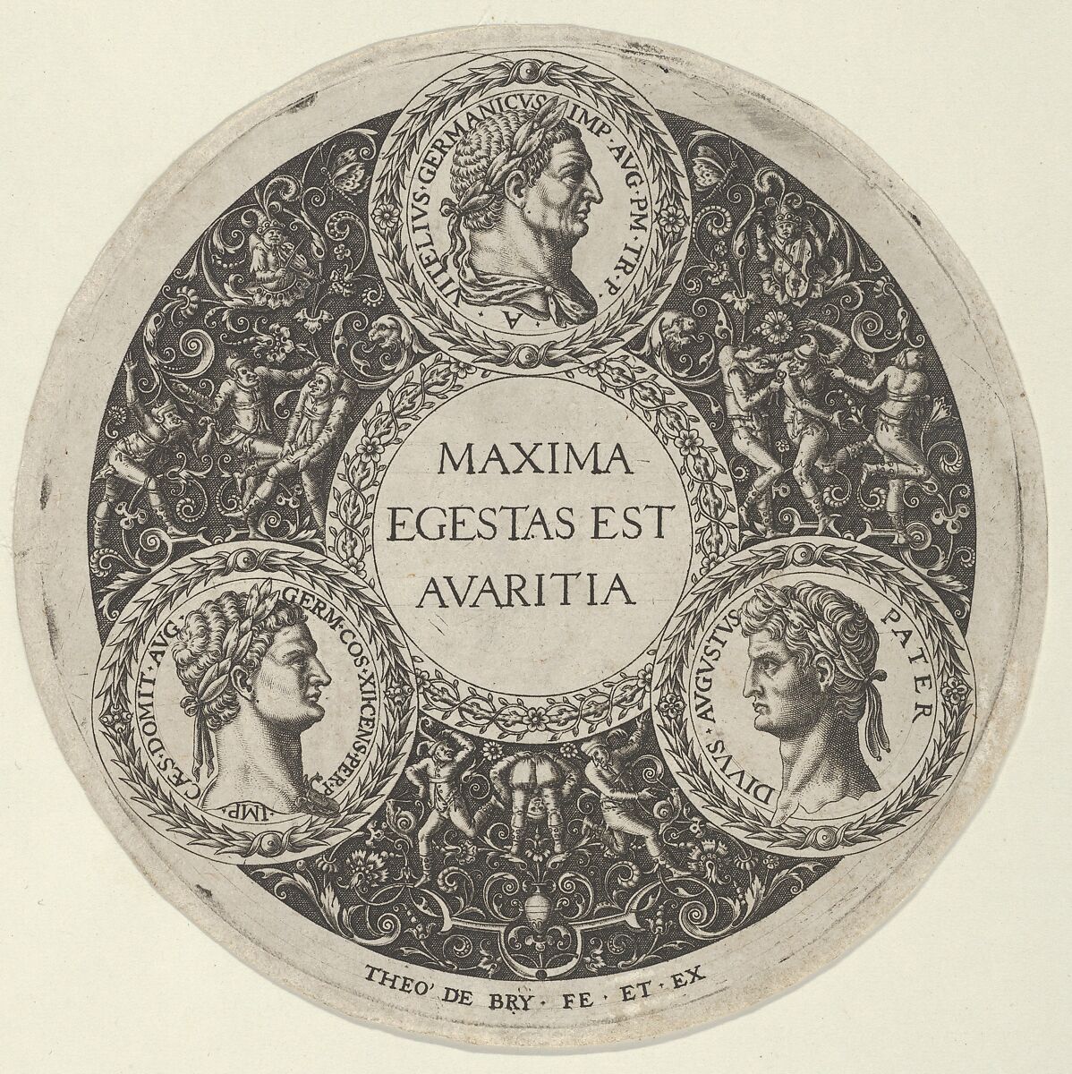 Design for a Dish with Portraits of the Roman Emperors Vetllius, Domitian, and Augustus, Theodor de Bry (Netherlandish, Liège 1528–1598 Frankfurt), Engraving 