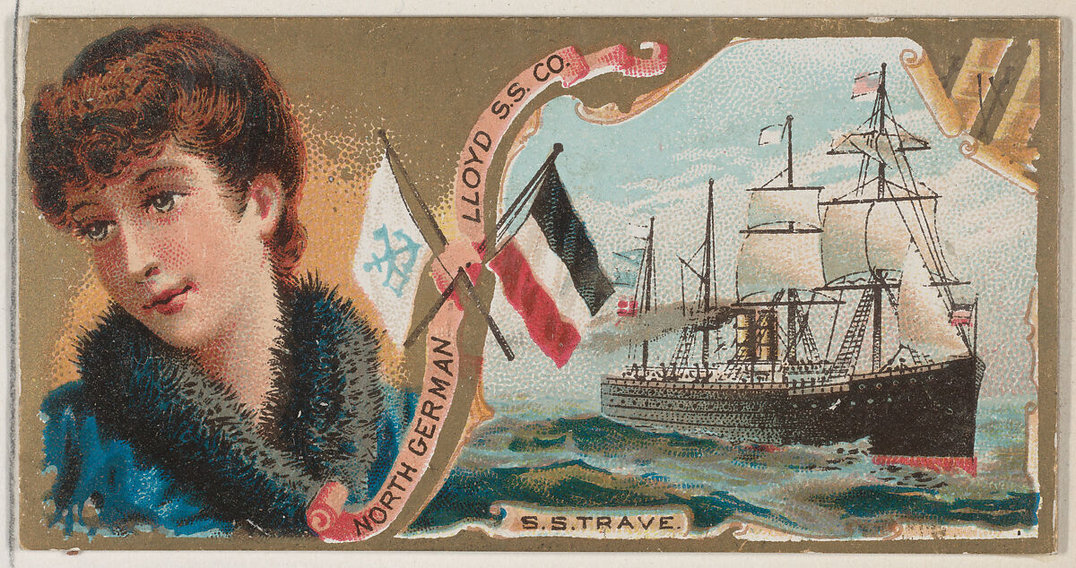 Steamship Trave, North German Lloyd Steamship Company, from the Ocean and River Steamers series (N83) for Duke brand cigarettes, Issued by W. Duke, Sons &amp; Co. (New York and Durham, N.C.), Commercial color lithograph 