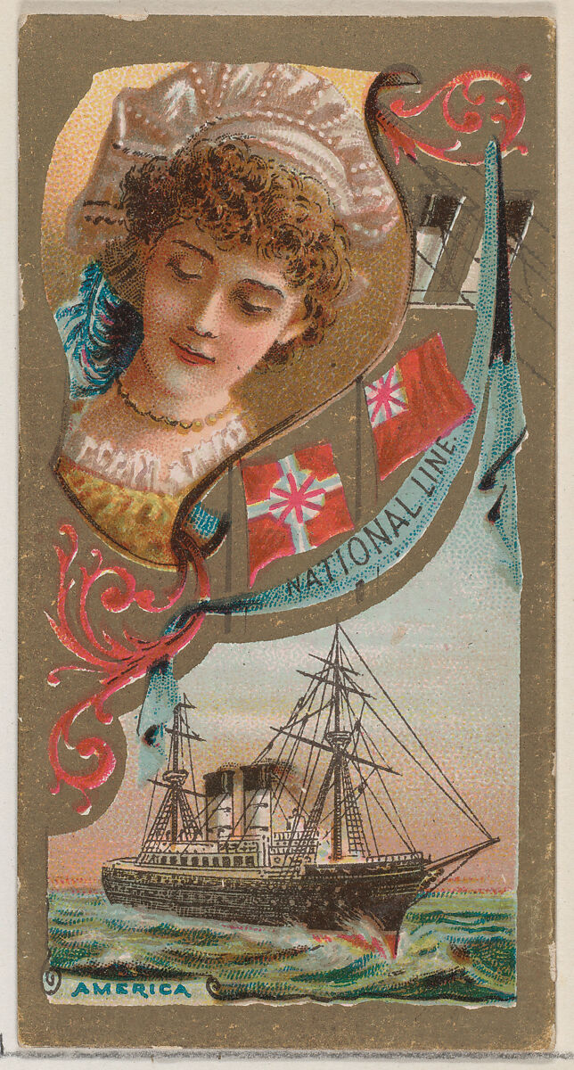 Steamship America, National Line, from the Ocean and River Steamers series (N83) for Duke brand cigarettes, Issued by W. Duke, Sons &amp; Co. (New York and Durham, N.C.), Commercial color lithograph 