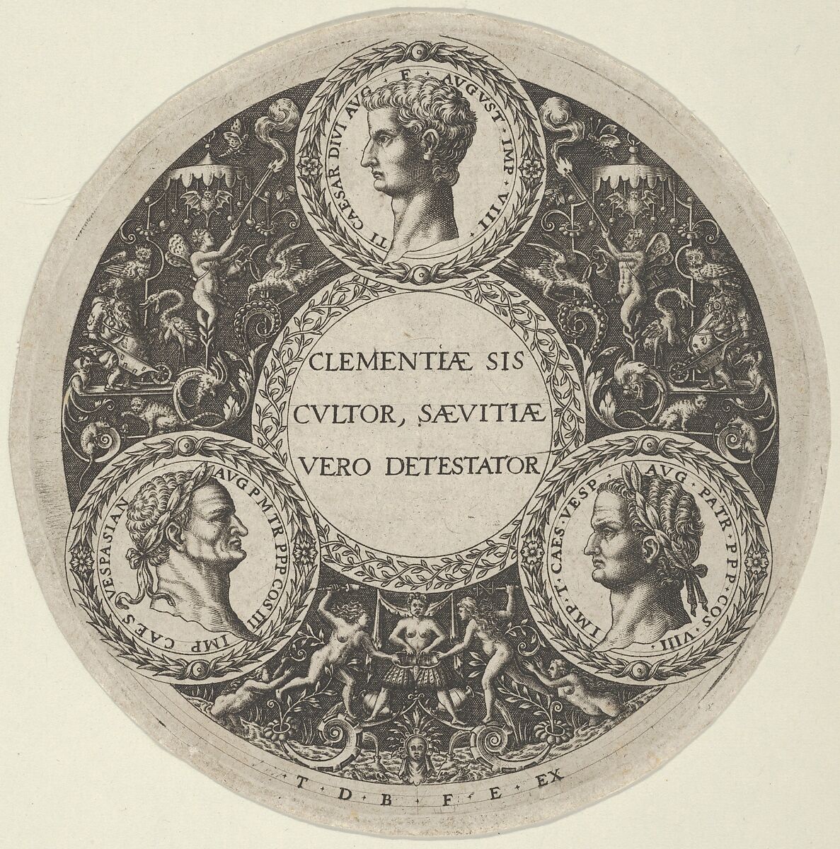 Design for a Dish with Portraits of the Roman Emperors Tiberius, Vespasian, and Titus, Theodor de Bry (Netherlandish, Liège 1528–1598 Frankfurt), Engraving 