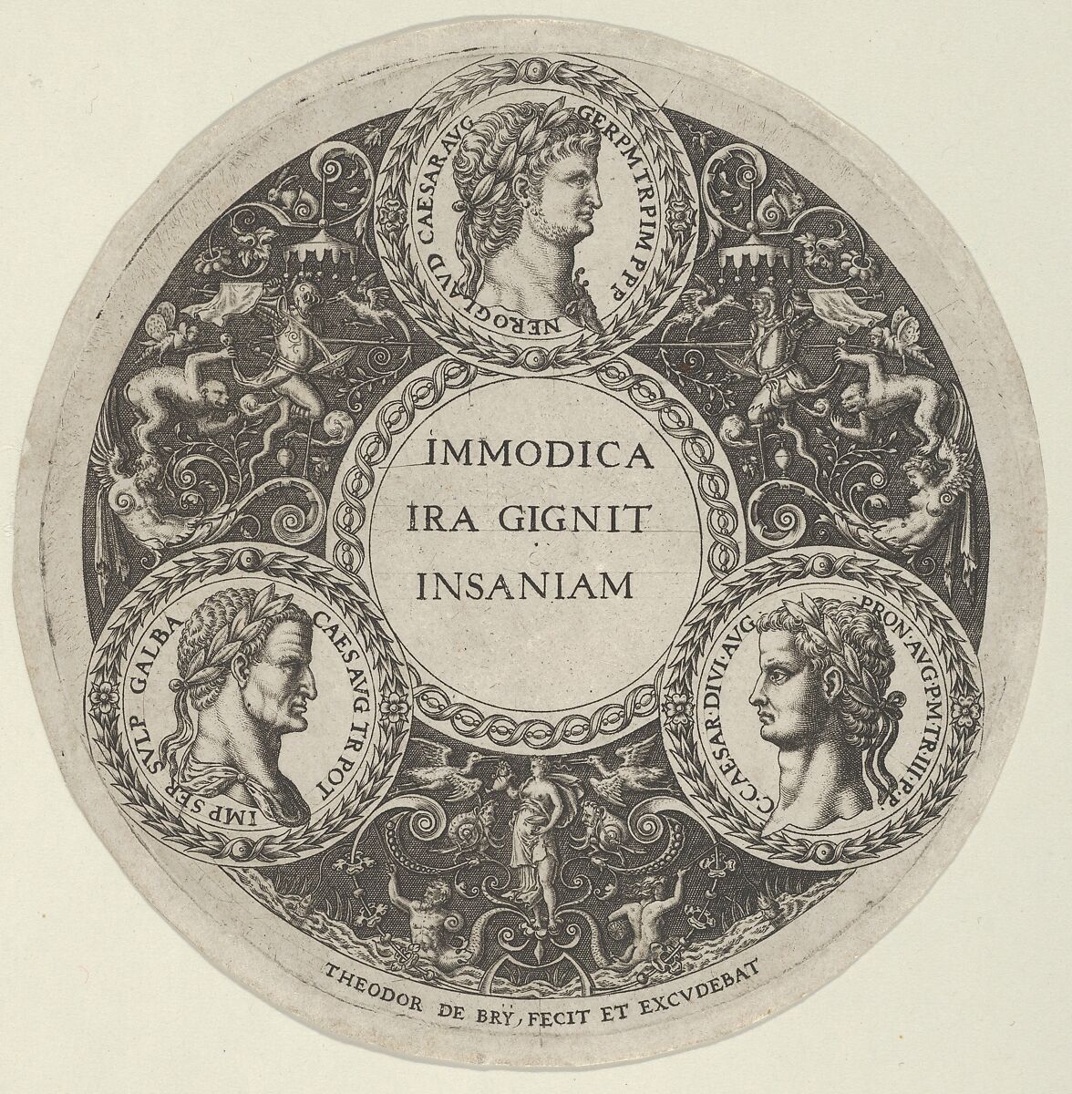 Design for a Dish with Portraits of the Roman Emperors Nero, Galba, and Caligula, Theodor de Bry (Netherlandish, Liège 1528–1598 Frankfurt), Engraving 