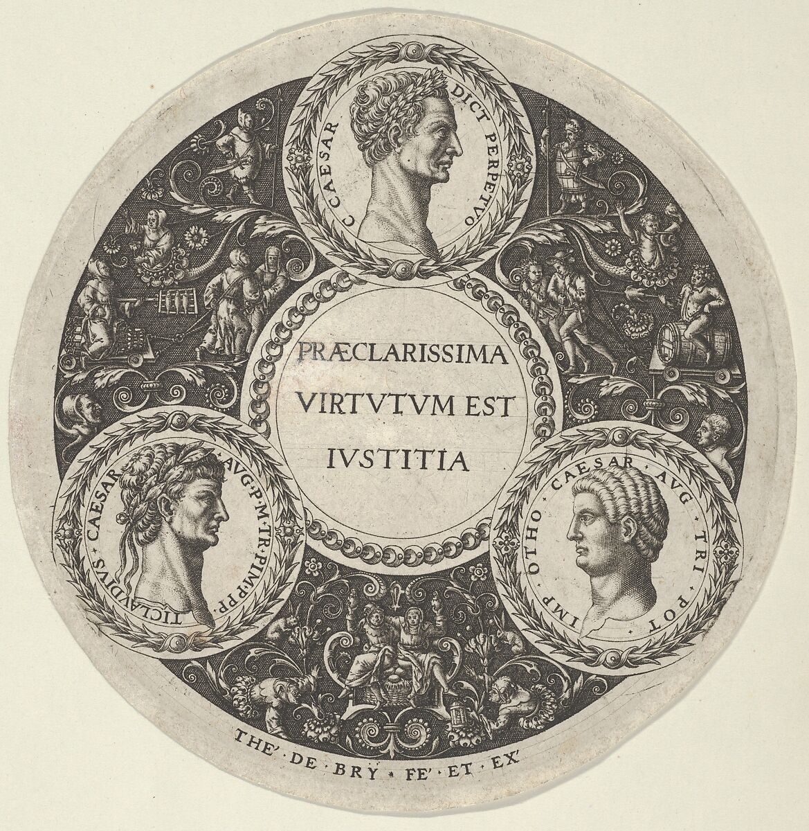 Design for a Dish with Portraits of the Roman Emperors Caesar, Claudius, and Otho, Theodor de Bry (Netherlandish, Liège 1528–1598 Frankfurt), Engraving 