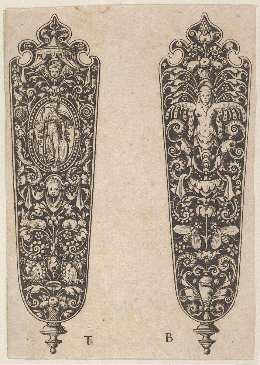 Design for Sword or Dagger Handles, Theodor de Bry (Netherlandish, Liège 1528–1598 Frankfurt), Engraving and blackwork 