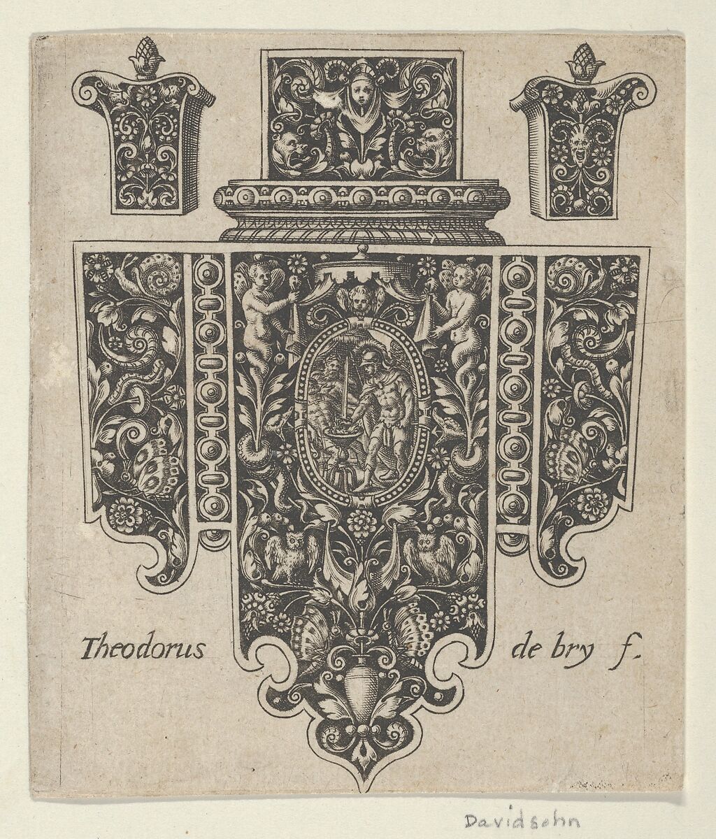 Design for a Sword or Dagger Handle, Theodor de Bry (Netherlandish, Liège 1528–1598 Frankfurt), Engraving and blackwork 