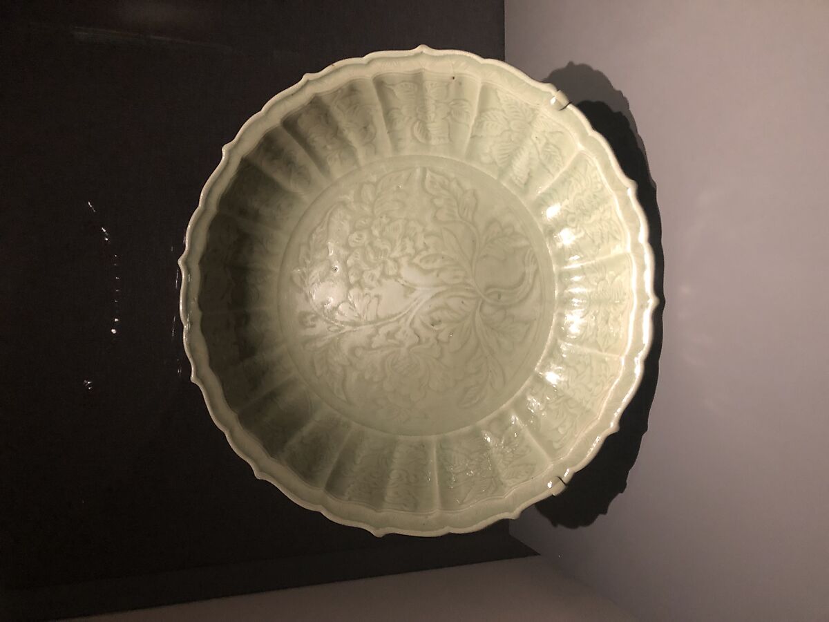 Dish with Peonies, Stoneware with incised decoration under celadon glaze (Longquan ware), China