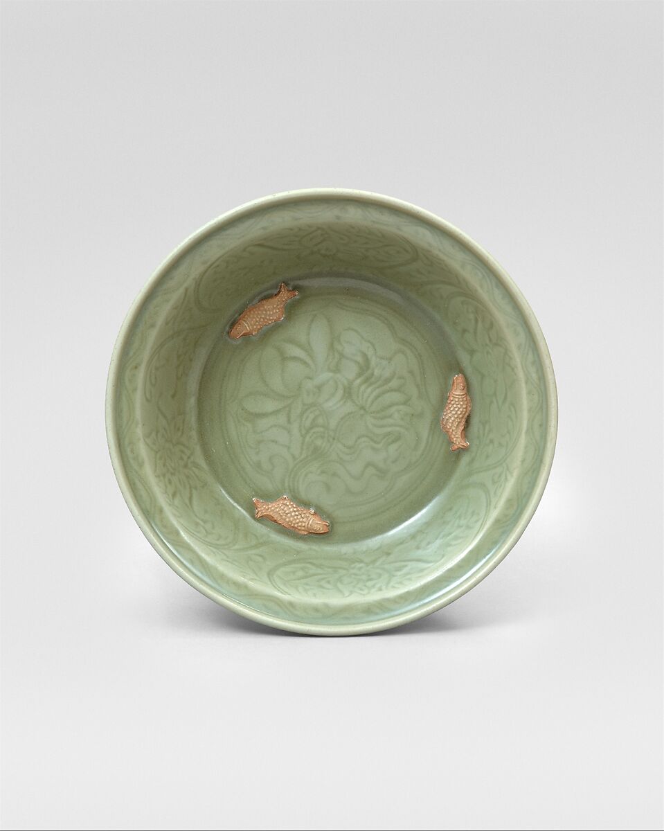 Basin, Stoneware with incised decoration under celadon glaze and biscuit relief (Longquan ware), China