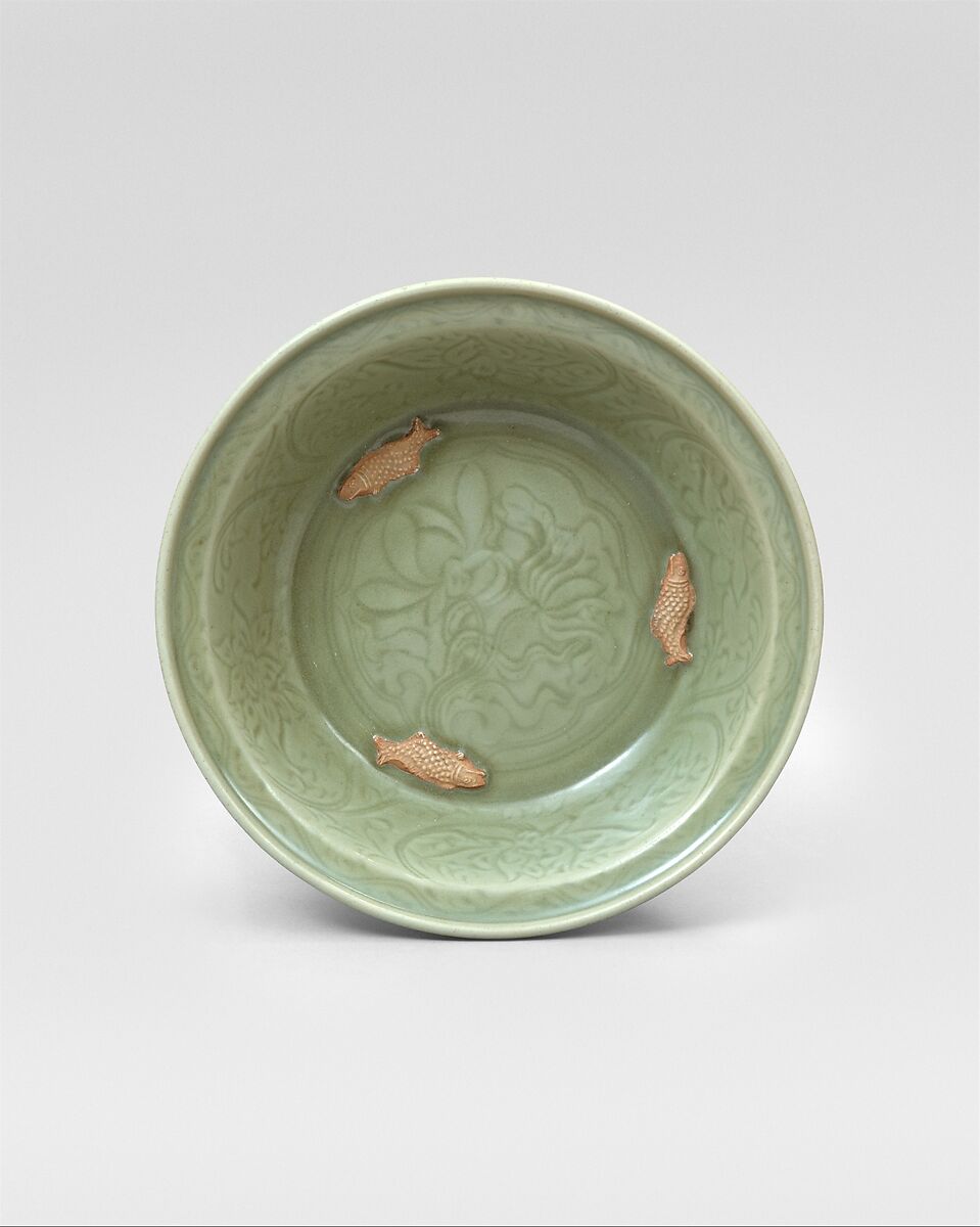 Basin, Stoneware with incised decoration under celadon glaze and biscuit relief (Longquan ware), China 