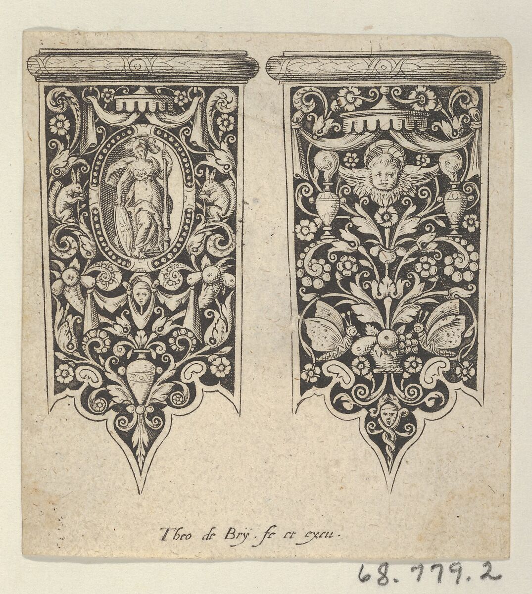 Design for Knife Handles, from Mansches de Coutiaus, Johann Theodor de Bry (Netherlandish, Strasbourg 1561–1623 Bad Schwalbach), Engraving and blackwork 