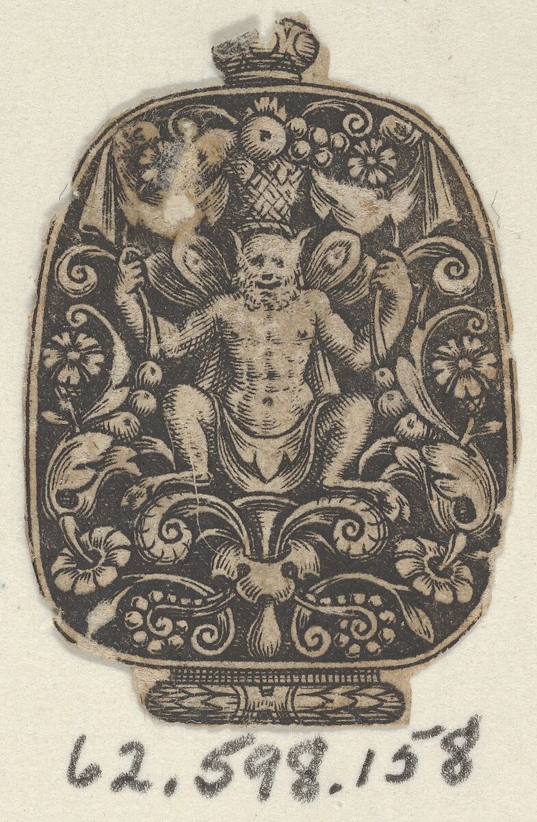 Design for a Sword Pommel with a Crouching Satyr, Theodor de Bry (Netherlandish, Liège 1528–1598 Frankfurt), Engraving and blackwork 