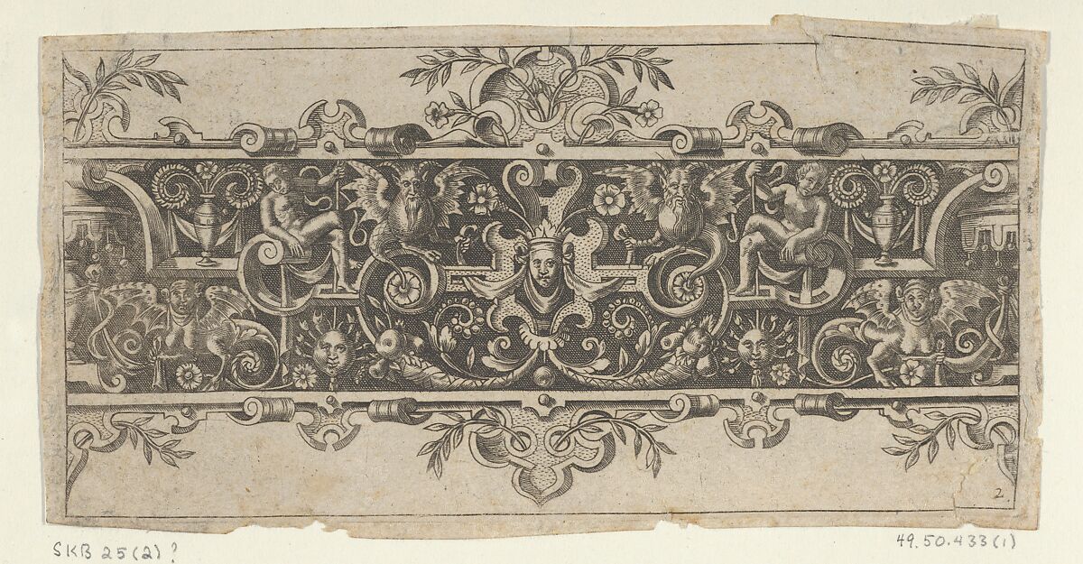 Frieze with Grotesques and a Mask Wearing a Whimple and Crown at Center, Theodor de Bry (Netherlandish, Liège 1528–1598 Frankfurt), Engraving 