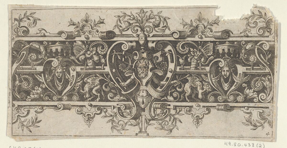 Frieze with Grotesques and a Horned and Bearded Figure Between Strapwork at Center, Theodor de Bry (Netherlandish, Liège 1528–1598 Frankfurt), Engraving 