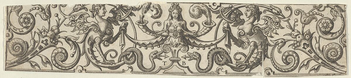 Frieze with Half-Length Female Figure Holding Two Horns at Center, Theodor de Bry (Netherlandish, Liège 1528–1598 Frankfurt), Engraving 