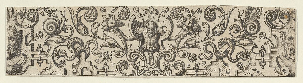 Frieze with Half-Length Figure Holding Cornucopias, Theodor de Bry (Netherlandish, Liège 1528–1598 Frankfurt), Engraving 