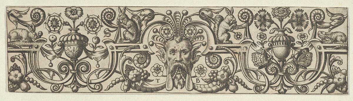 Frieze with a Bearded Mask Wearing a Headdress of Tendrils and Strapwork, Theodor de Bry (Netherlandish, Liège 1528–1598 Frankfurt), Engraving 