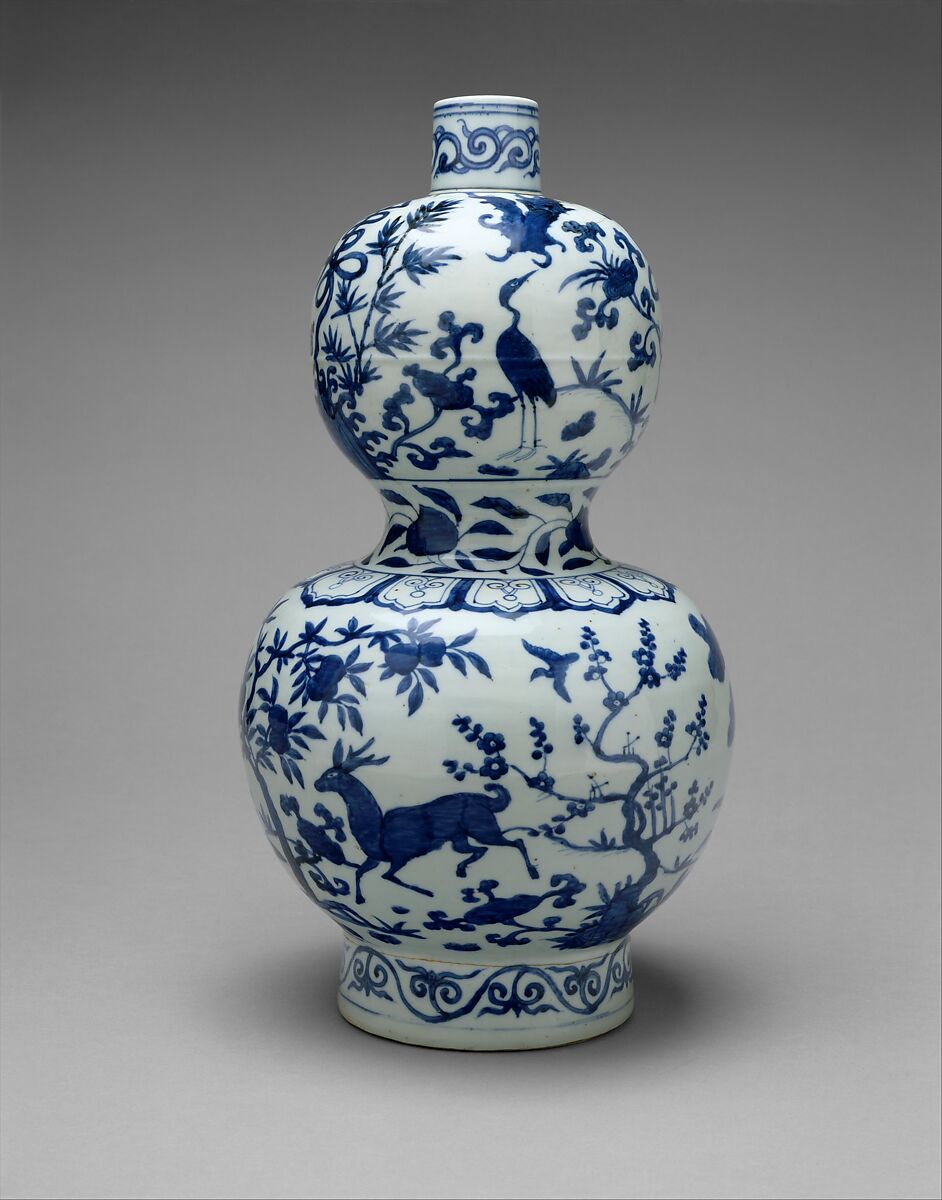 Gourd-Shaped Bottle with Deer and Crane in Landscape, Porcelain painted in cobalt blue under clear glaze (Jingdezhen ware), China 