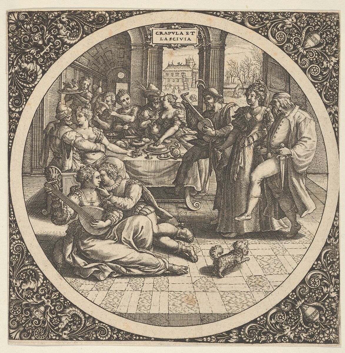 Scene with Galants at a Banquet in a Circle at Center, Theodor de Bry (Netherlandish, Liège 1528–1598 Frankfurt), Engraving and blackwork 