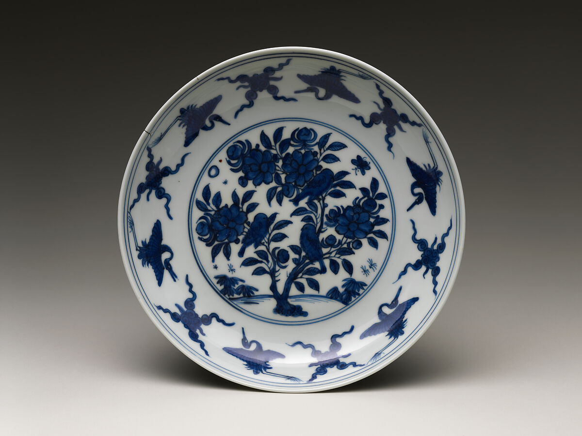 Dish with Flowers and Birds, Porcelain painted with cobalt blue under transparent glaze (Jingdezhen ware), China 