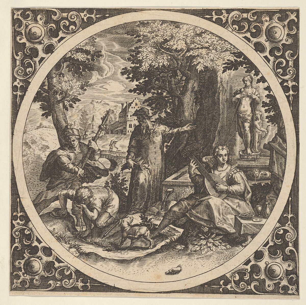 Scene with a Warning Against Venereal Disease in a Circle at Center, Theodor de Bry (Netherlandish, Liège 1528–1598 Frankfurt), Engraving 