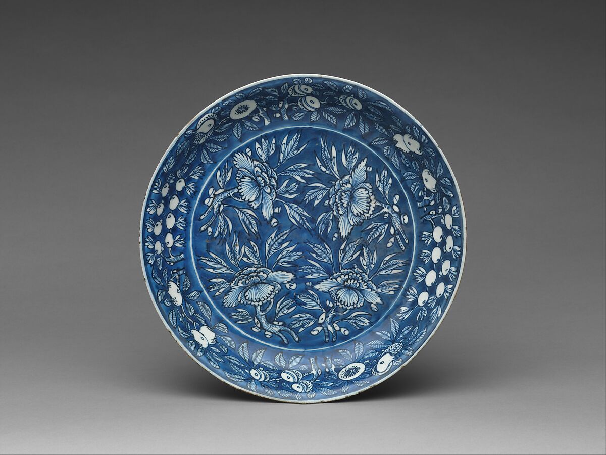 Dish with Flowering Branches, Porcelain with reserve on cobalt blue ground under transparent glaze (Jingdezhen ware), China 