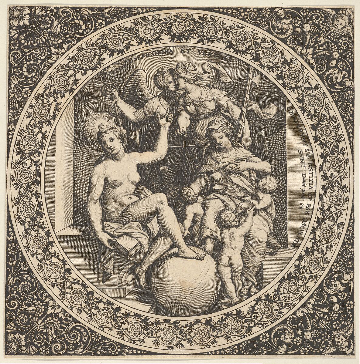 Scene with Misericordia and Veritas in a Circle at Center, Theodor de Bry (Netherlandish, Liège 1528–1598 Frankfurt), Engraving 