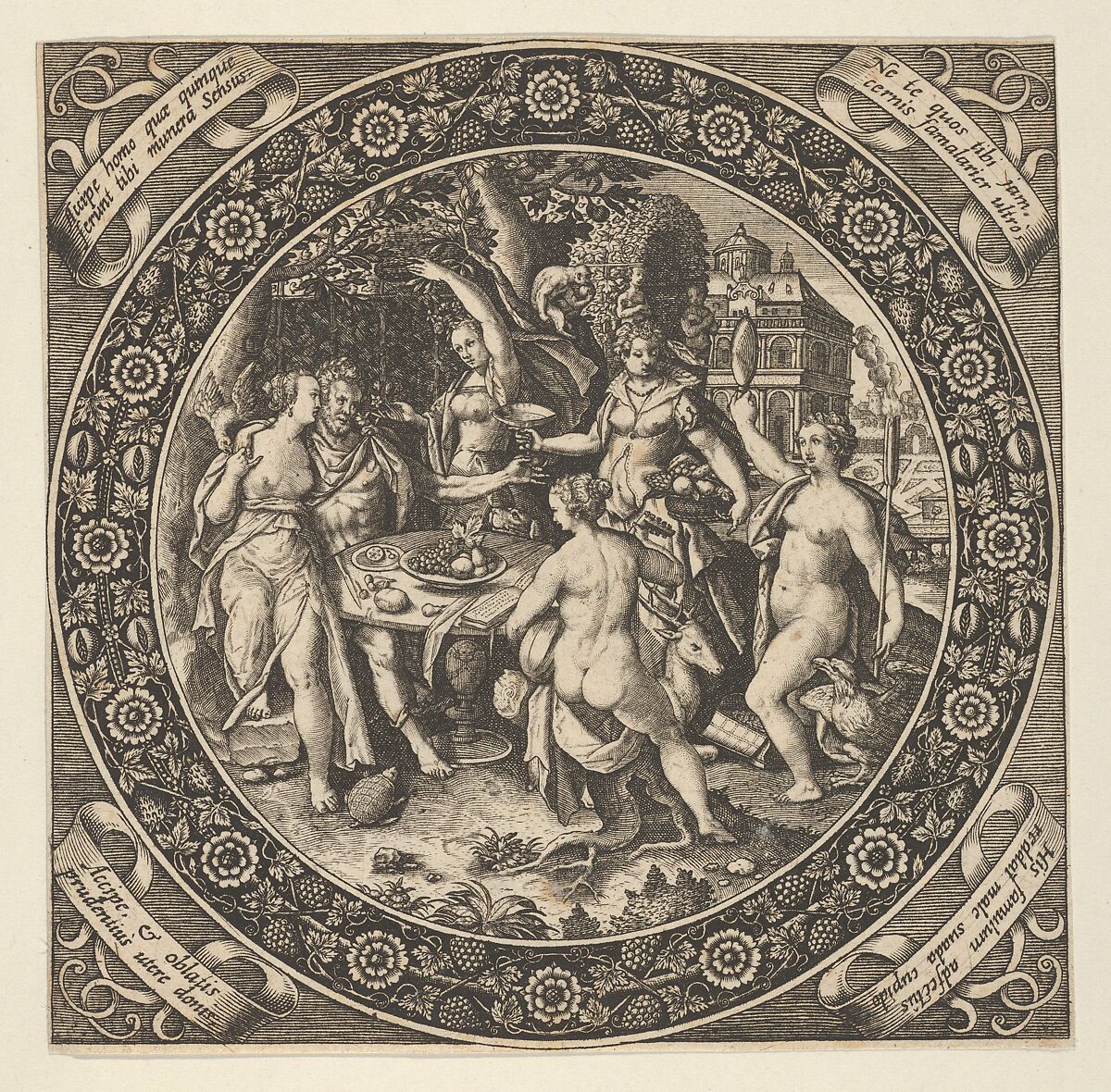 Scene with a Feast of Love in a Circle at Center, Theodor de Bry (Netherlandish, Liège 1528–1598 Frankfurt), Engraving 